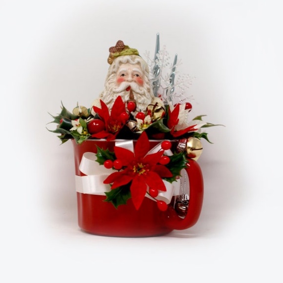 Holiday Floral Arrangement In Vintage Red Mug, vintage Santa Claus figurine - Picture 2 of 10
